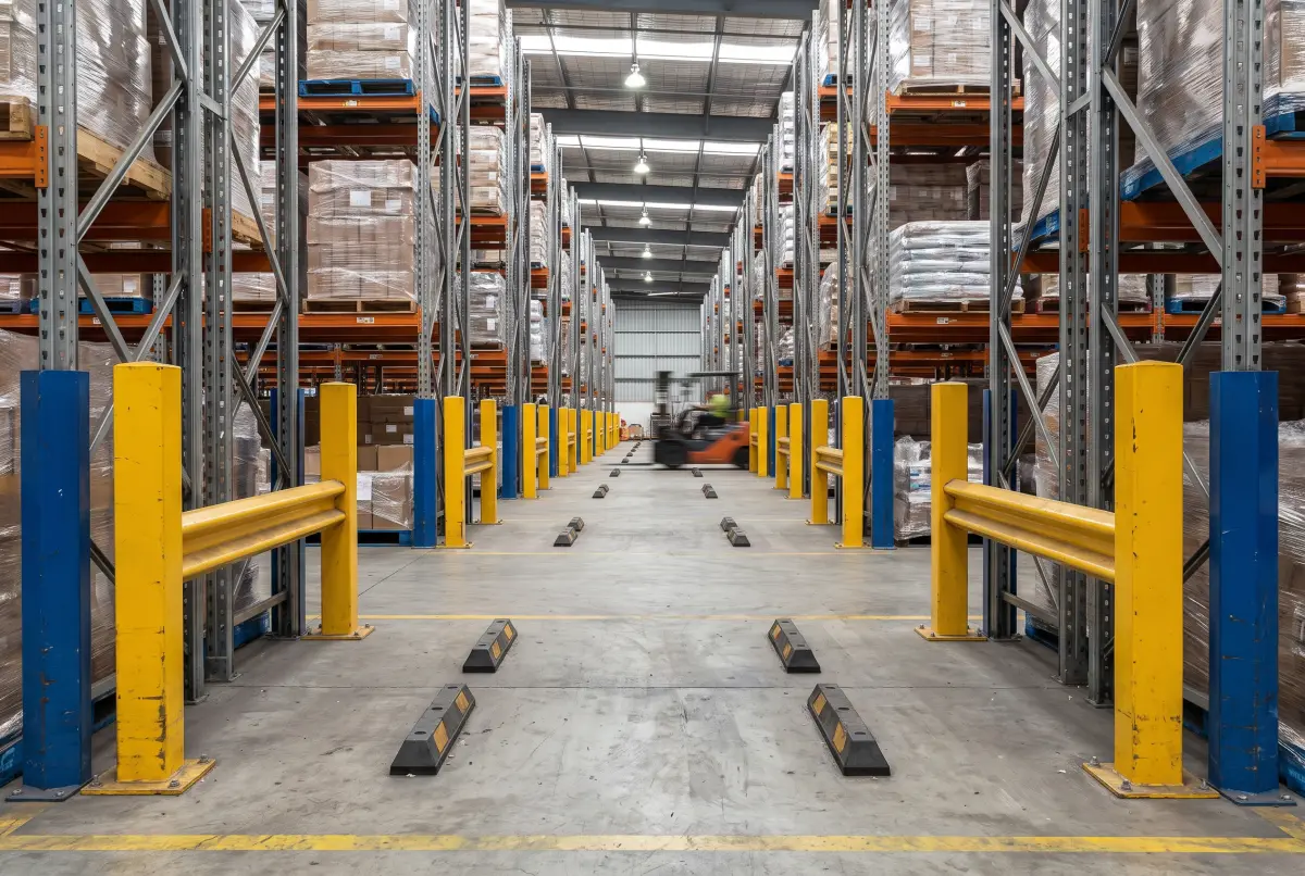 Bollards and rack end protectors guarding pallet racking in a warehouse aisle