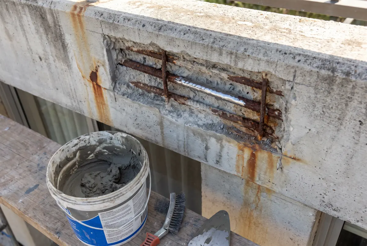 Concrete cut back to expose corroded reinforcing steel during a spalling repair