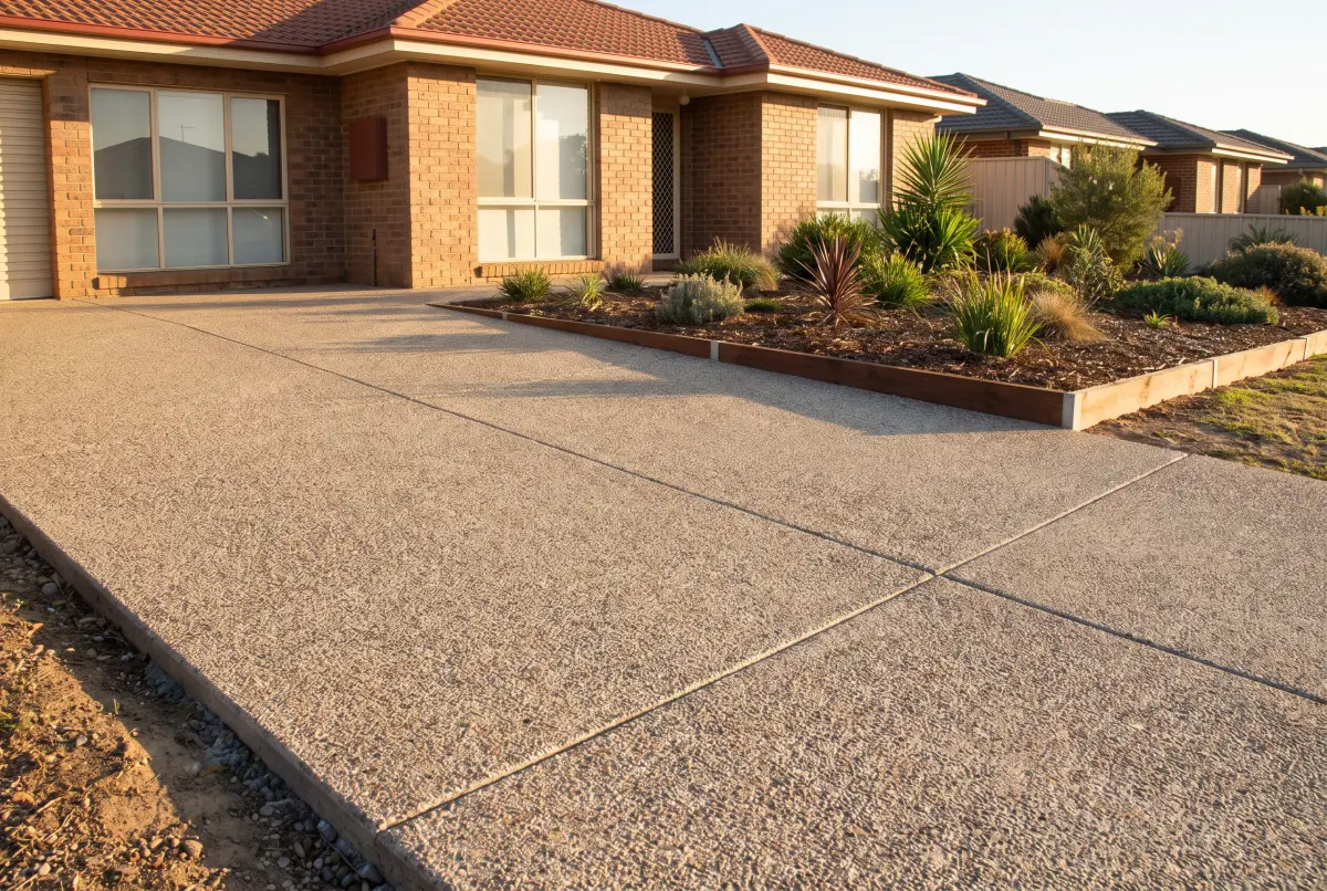 Finished exposed aggregate concrete driveway at a suburban Sydney home