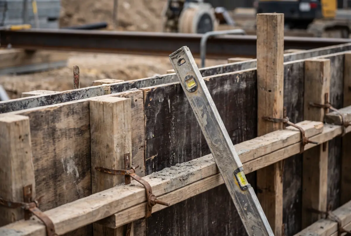 Plywood formwork face with timber walers and steel snap ties