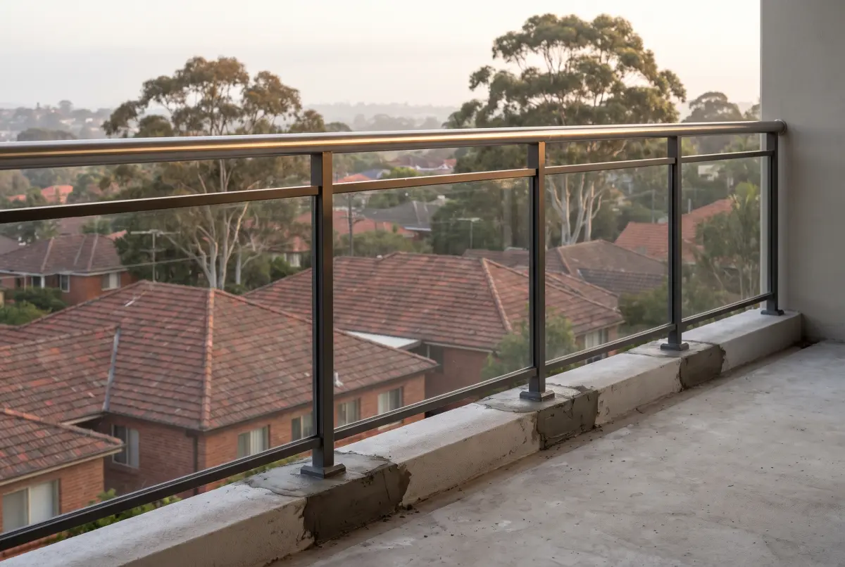 Newly installed balustrade fixed into a repaired concrete balcony edge