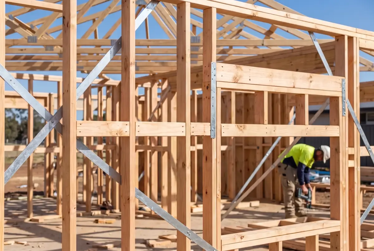 Timber wall framing with tie-down straps on a house under construction