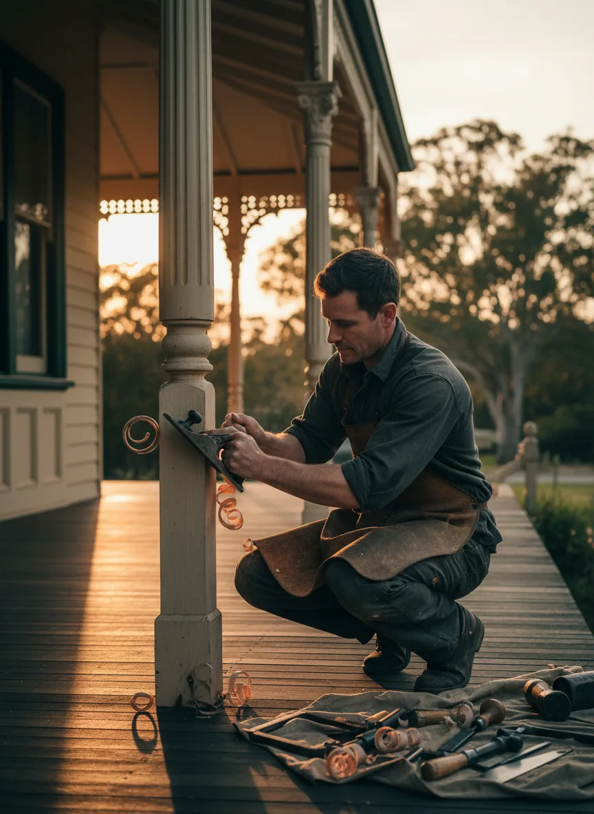 Carpenter repairing the timber veranda post of a federation home