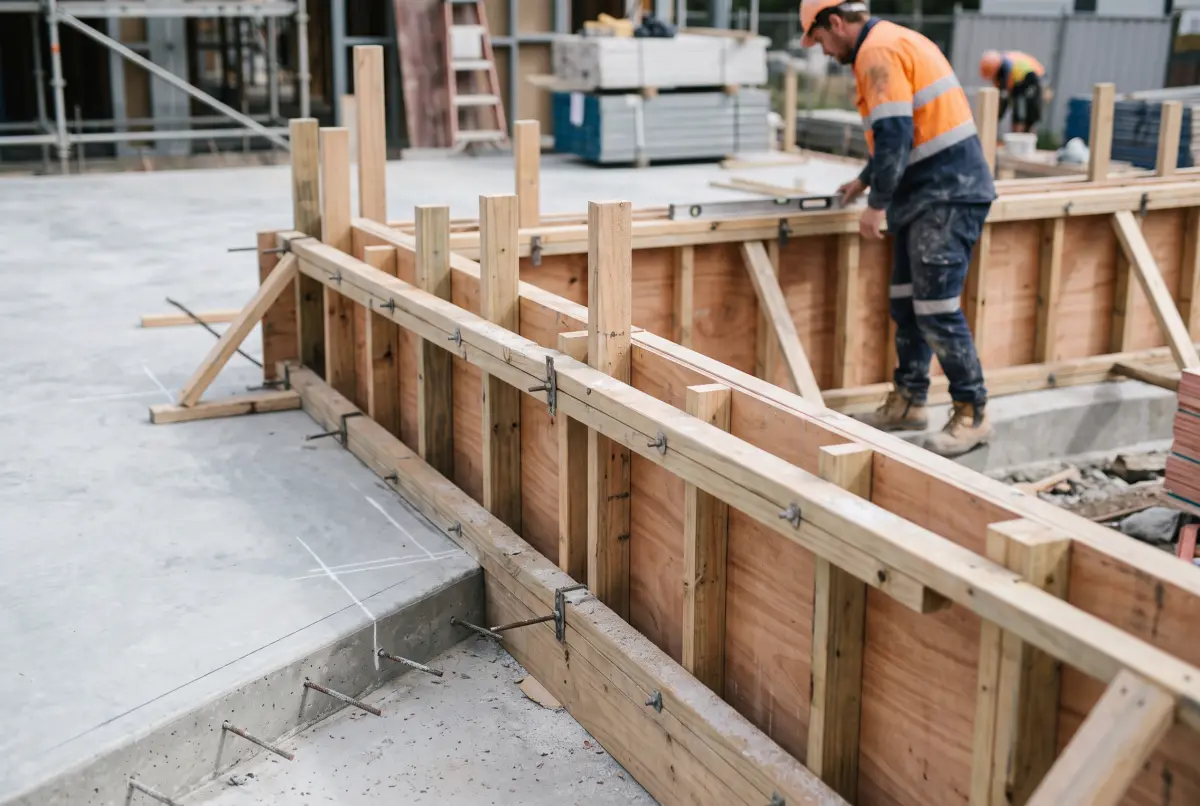 Timber formwork erected along a concrete slab edge on a Sydney building site