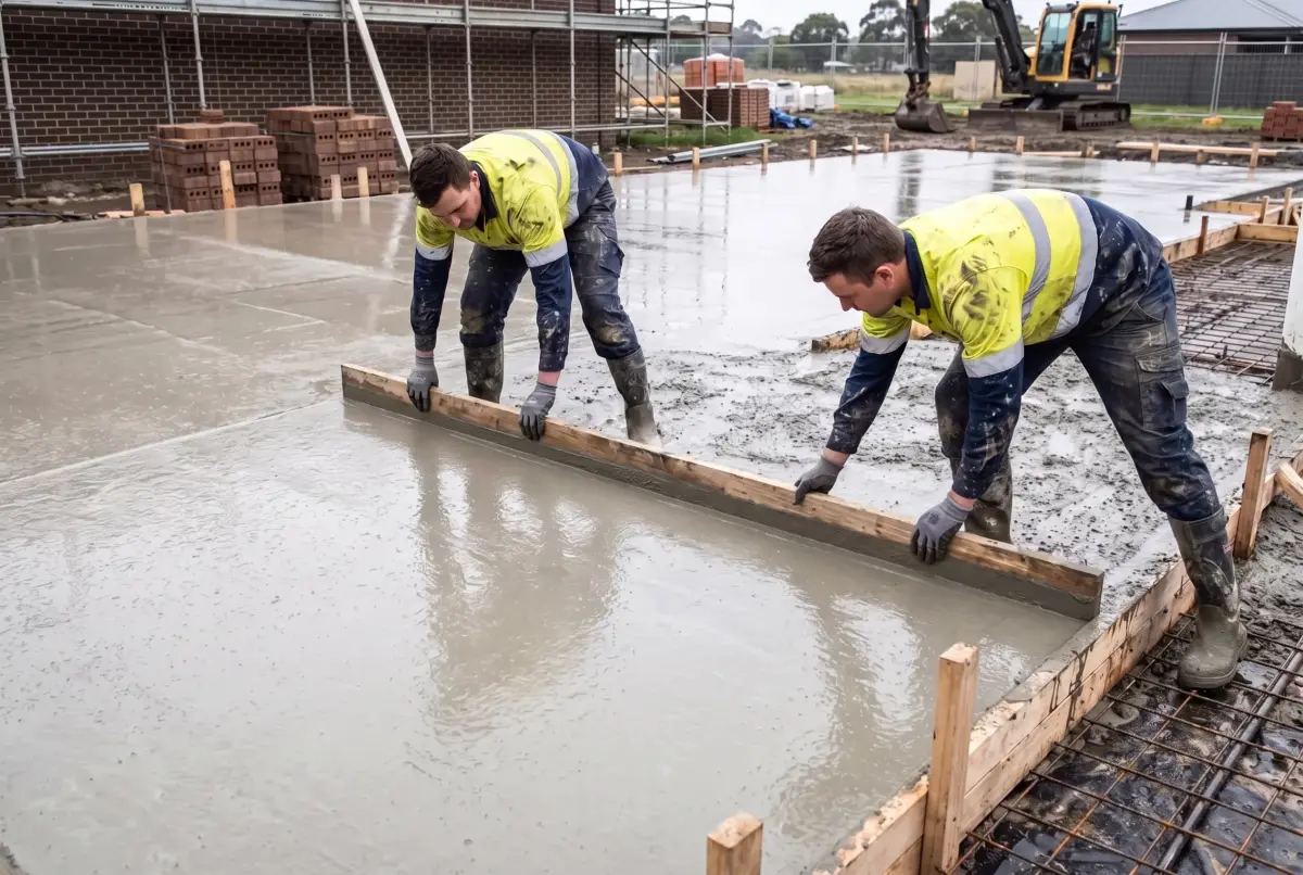 Concreters screeding a freshly poured slab on a Sydney residential site