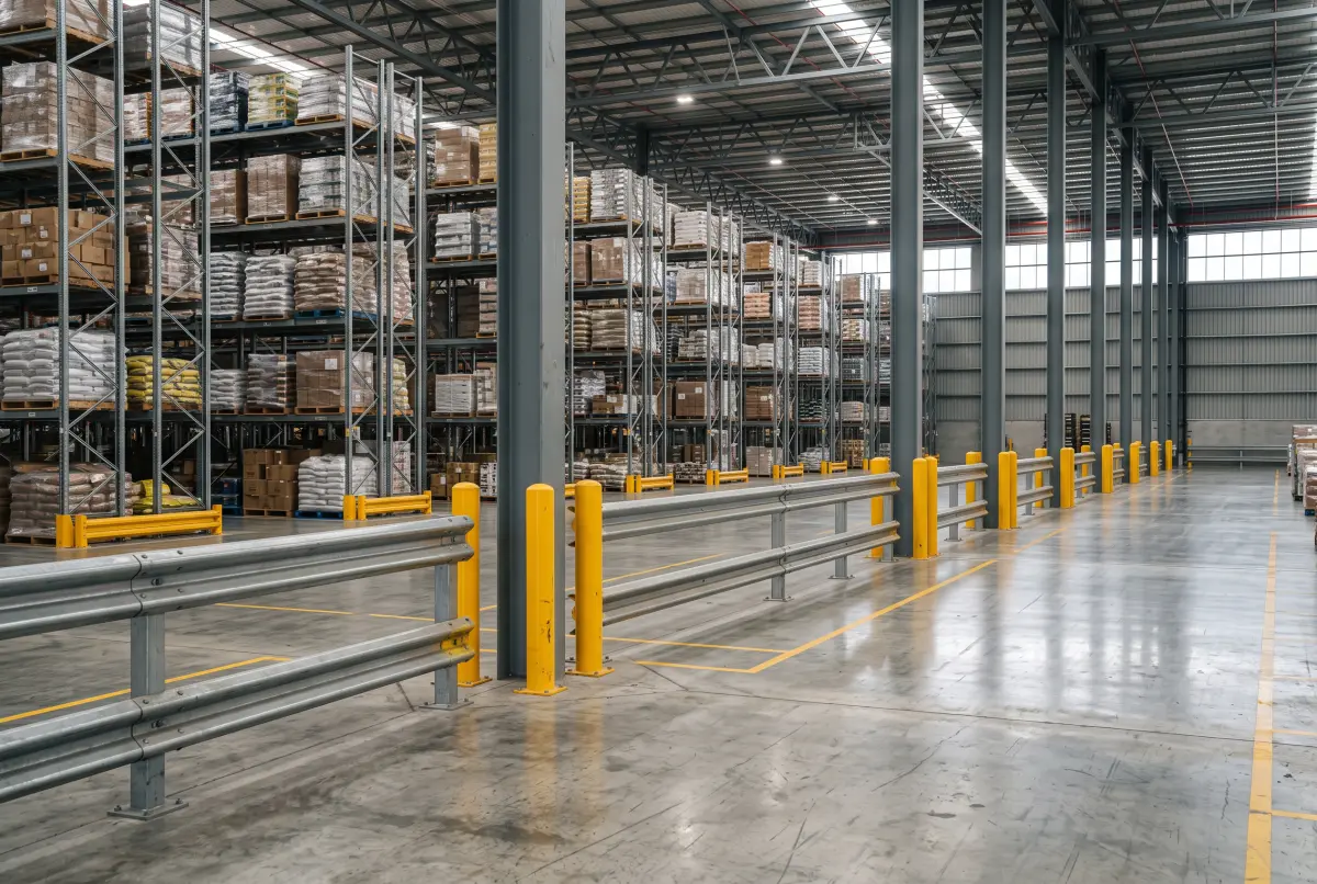 Steel safety barriers and bollards protecting columns in a Sydney warehouse